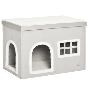 Casa Dobrável para Gatos Caverna para Gatos com Almofadas de Pelúcia Suave Tampa Removível 2 Entradas e Janela 71x42x49cm Cinza Claro