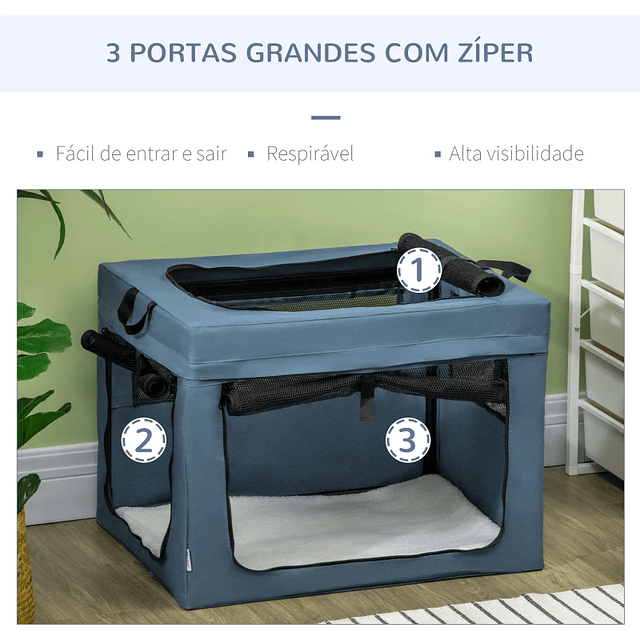 Transportadora para Cães e Gatos Portátil Dobrável com 3 Portas e Almofada Suave 69x51x51cm Azul