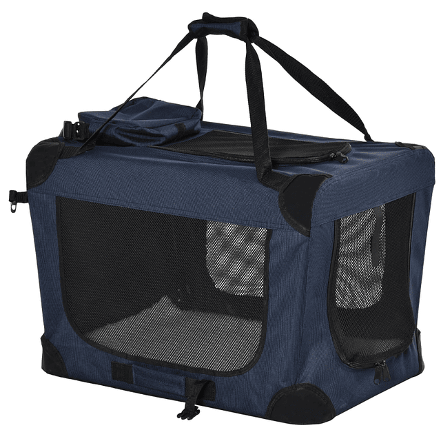 Transportadora para animais de estimação Portátil e Transpirável Dobrável com Almofada 3 Portas e Janela de Malha 2 Bolsos 60x41,5x41cm Azul Escuro