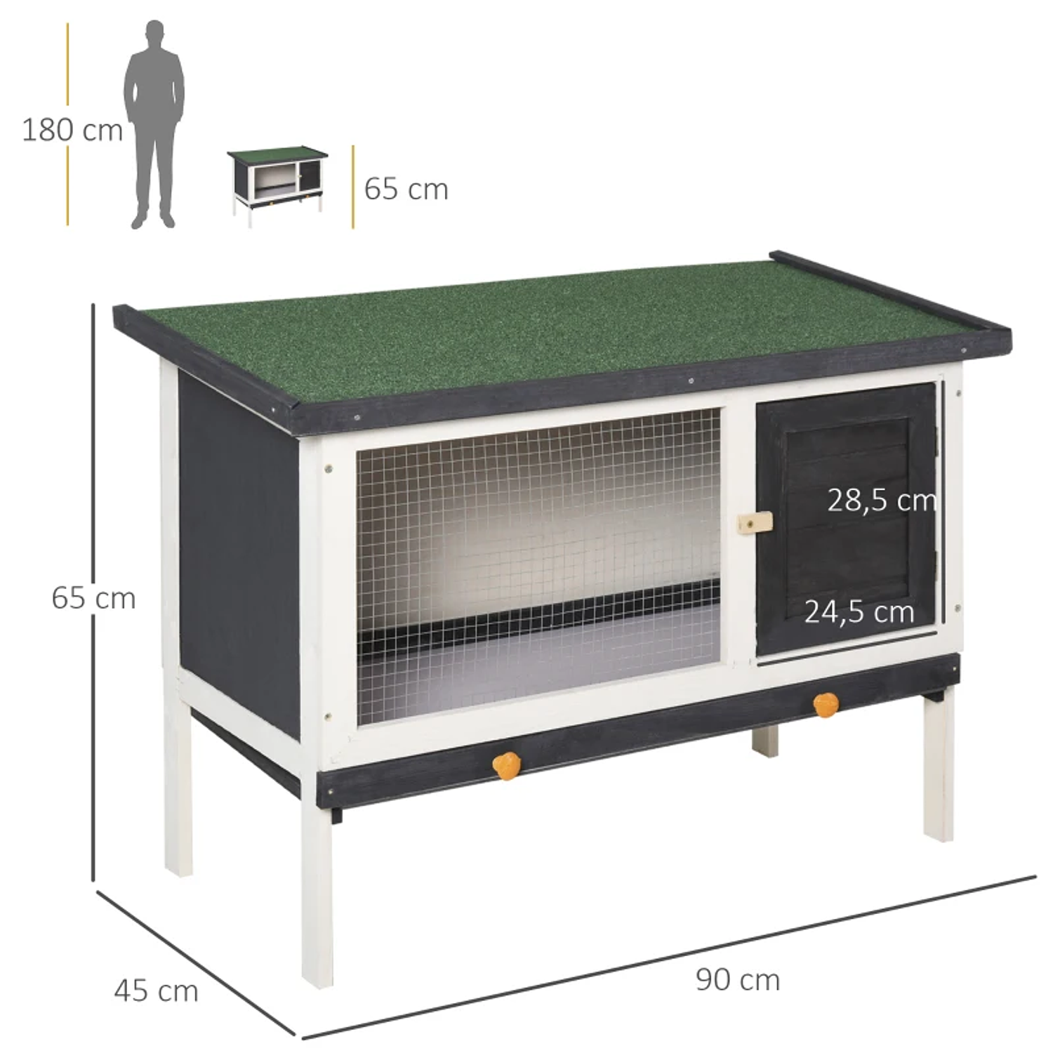 Jaula Elevada de Madera para Conejos Cobayas y Pequeños Animales con Techo Asfaltado Bandeja Desmontable y Puerta con Cerradura 90x45x65cm Negro 2