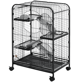 Cage for Rodents with Wheels 2 Doors 3 Platforms Removable Tray Feeder and Drinker 64x43,5x93cm Black