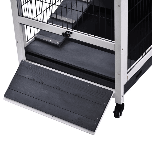 Conejera de madera jaula portatil pequeña para mascotas con techo abatible bandeja desmontable rampa para cobayas 90x53x59 cm gris y blanco