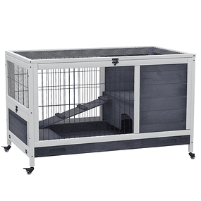 Wooden rabbit hutch portable small pet cage with opening roof removable tray ramp for guinea pigs 90x53x59 cm gray and white