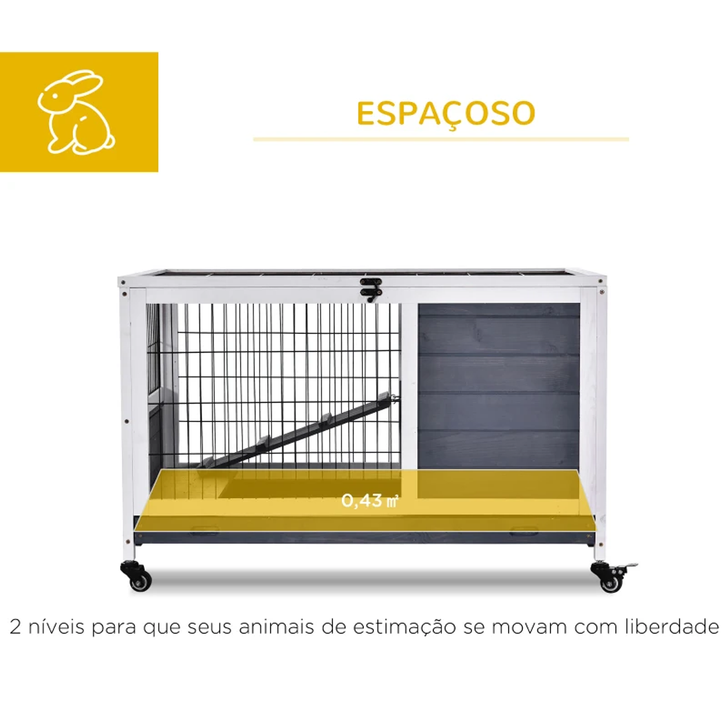 Coelheira de madeira gaiola para pequenos animais de estimação portátil com telhado de abertura rampa de bandeja removível para cobaias 90x53x59 cm cinza e branco 3