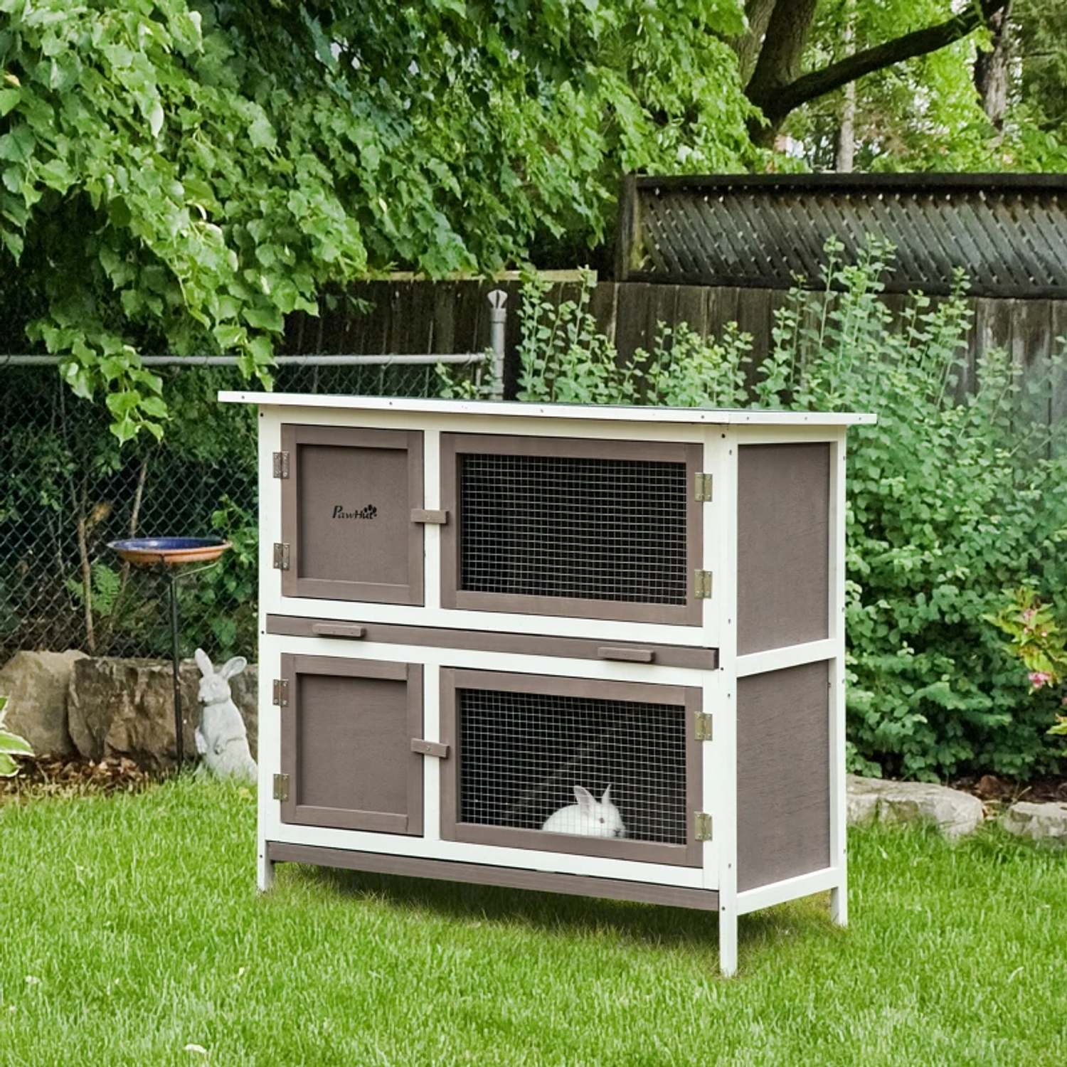 Wooden rabbit hutch with 2 floors with asphalt roof Removable trays and ramp for 2 rabbits 100x47x91cm Brown 9