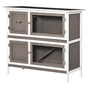 Wooden rabbit hutch with 2 floors with asphalt roof Removable trays and ramp for 2 rabbits 100x47x91cm Brown