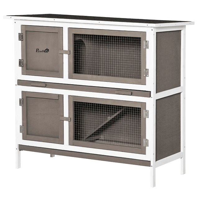 Coelheira de Madeira de 2 Pisos com Teto Asfáltico Bandejas Amovíveis e Rampa para 2 Coelhos 100x47x91cm Marrom