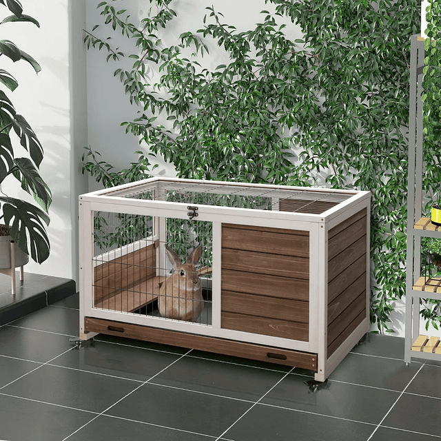 Wooden Rabbit Cage for Small Animals Portable with Drop Roof Ramp Removable Tray 90x53x59cm Brown