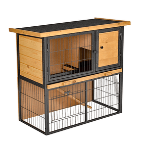 Caseta de exterior de madera para animales pequeños 2 niveles con rampa Bandeja extraíble Puertas con cerraduras 89,5x45x81 cm Madera y gris
