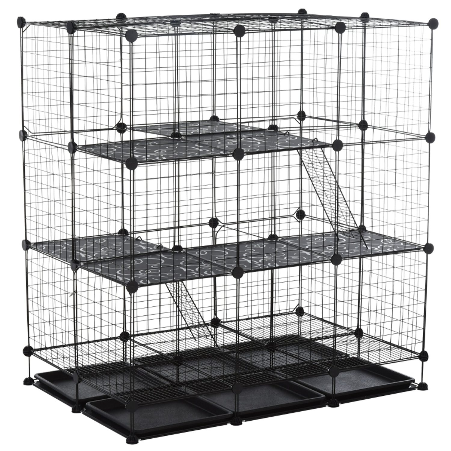 Valla de metal para mascotas Parque de juegos para animales pequeños DIY con 3 niveles 4 puertas grandes y 6 bandejas extraíbles 111x75x119 cm Negro 1