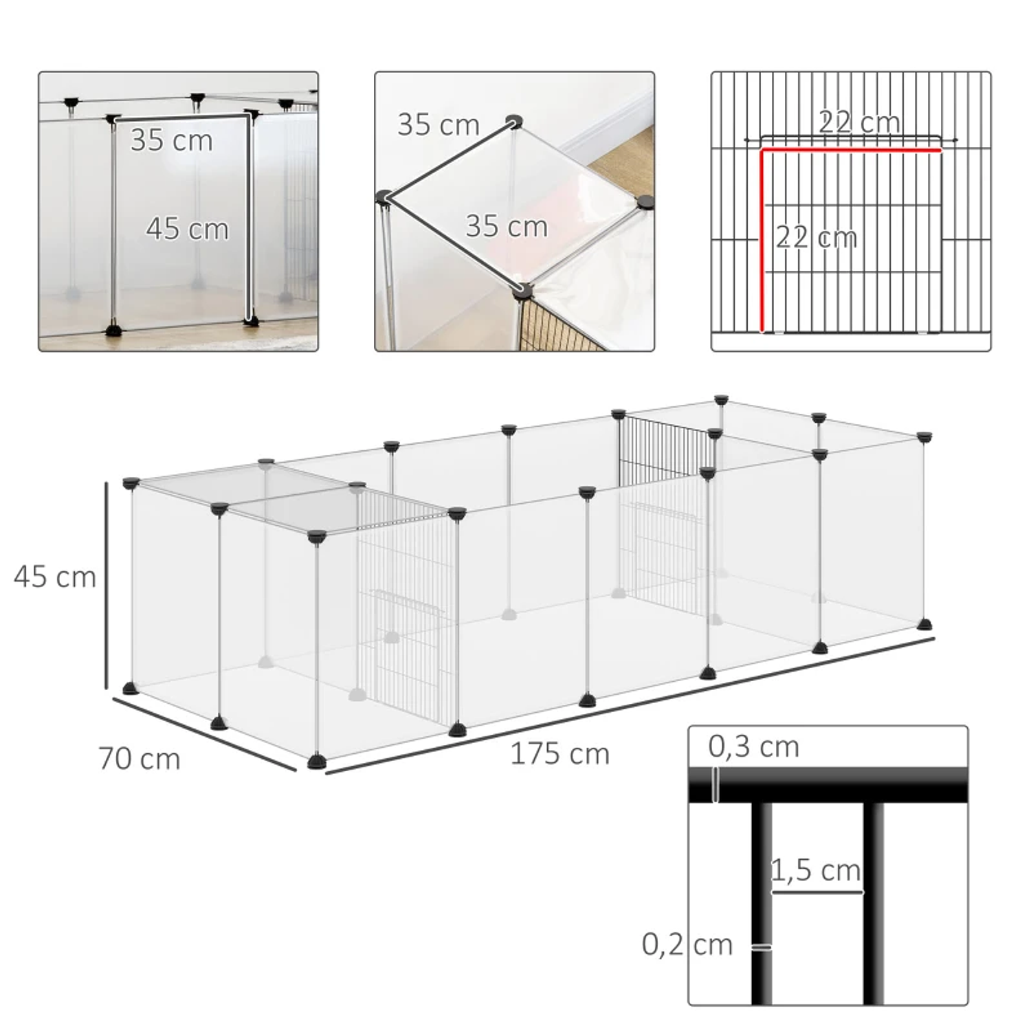 Cerca para Animais de Estimação DIY com 20 Painéis Parque para Pequenos Animais Modular 175x70x45 cm Translúcido 2