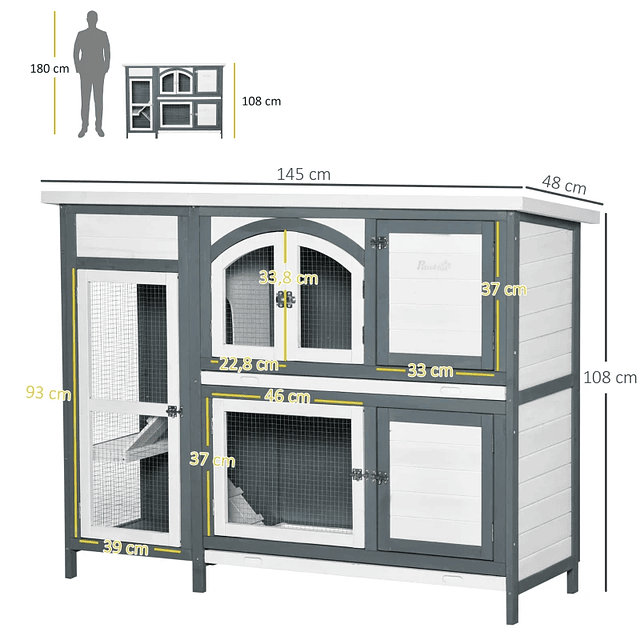 Coelheira de Madeira Exterior de 2 Níveis Gaiola Grande para 2-4 Coelhos com Teto Asfáltico Portas com Fechadura Bandeja Removível e Rampa 145x48x108cm Cinza e Branco