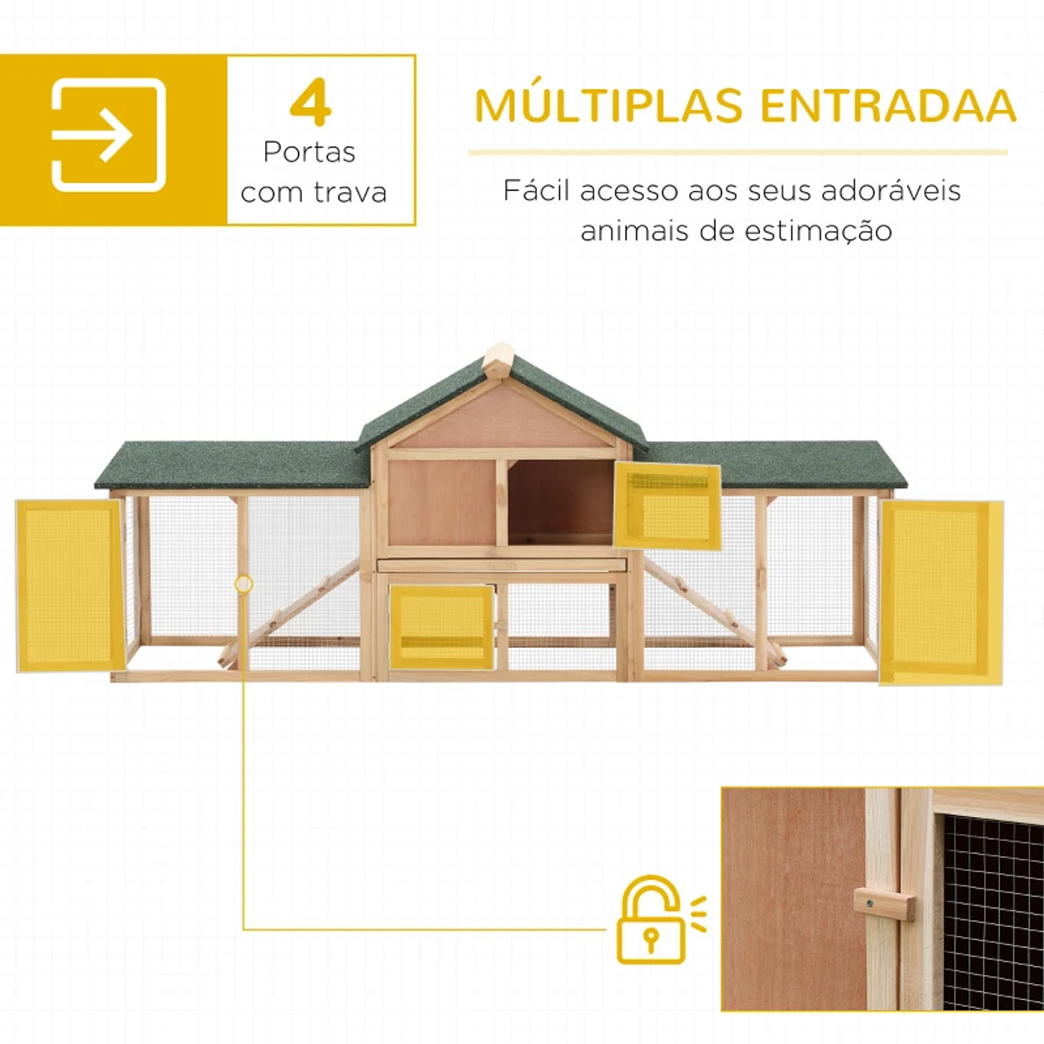 Coelheira de Exterior Grande Gaiola de Madeira para 2-4 Coelhos com Teto Asfáltico Recinto de Arame Bandeja Removível e Rampas 210x45,5x84,5cm 3