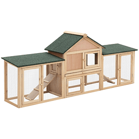 Caseta de exterior Jaula de madera grande para 2-4 conejos con techo asfáltico Cerramiento de alambre Bandeja extraíble y rampas 210x45,5x84,5cm