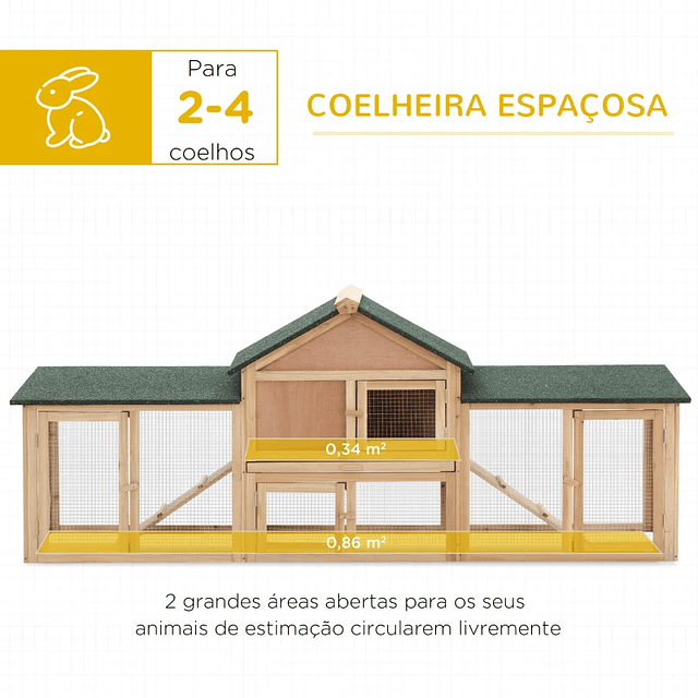 Coelheira de Exterior Grande Gaiola de Madeira para 2-4 Coelhos com Teto Asfáltico Recinto de Arame Bandeja Removível e Rampas 210x45,5x84,5cm