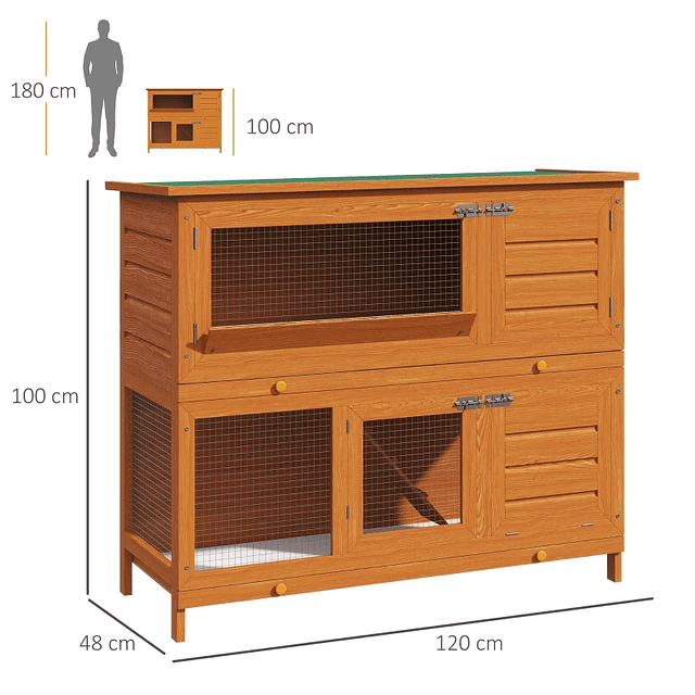 Coelheira de Madeira Exterior de 2 Níveis Gaiola para Coelhos com Teto Asfáltico Dobrável Rampa Portas e 2 Bandejas Removíveis 120x48x100cm Madeira