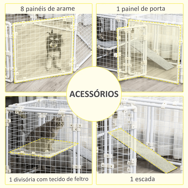 Cerca Metálica para Animais de Estimação Gaiola para Coelhos com 9 Painéis com Trava e Escada para Cobaias Desenho DIY 68x68,2x2,5cm Branco