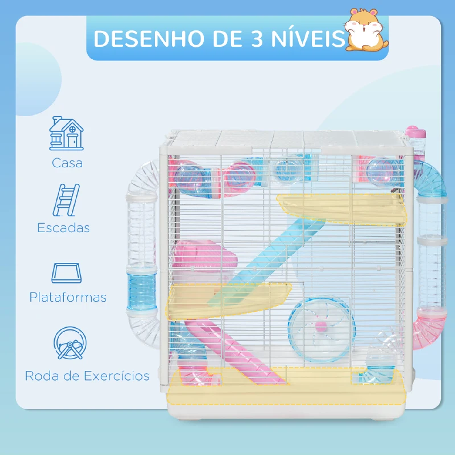 Gaiola para Hamster com Tubos de Túnel com 2 Portas bandeja Comedouro 2 Rampas e Roda de Exercícios 47x29,5x53 cm Branco 3