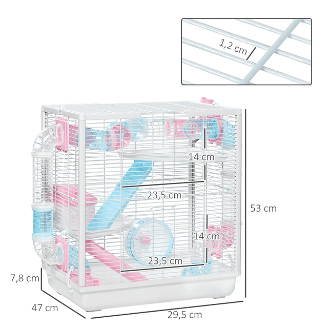 Gaiola para Hamster com Tubos de Túnel com 2 Portas bandeja Comedouro 2 Rampas e Roda de Exercícios 47x29,5x53 cm Branco