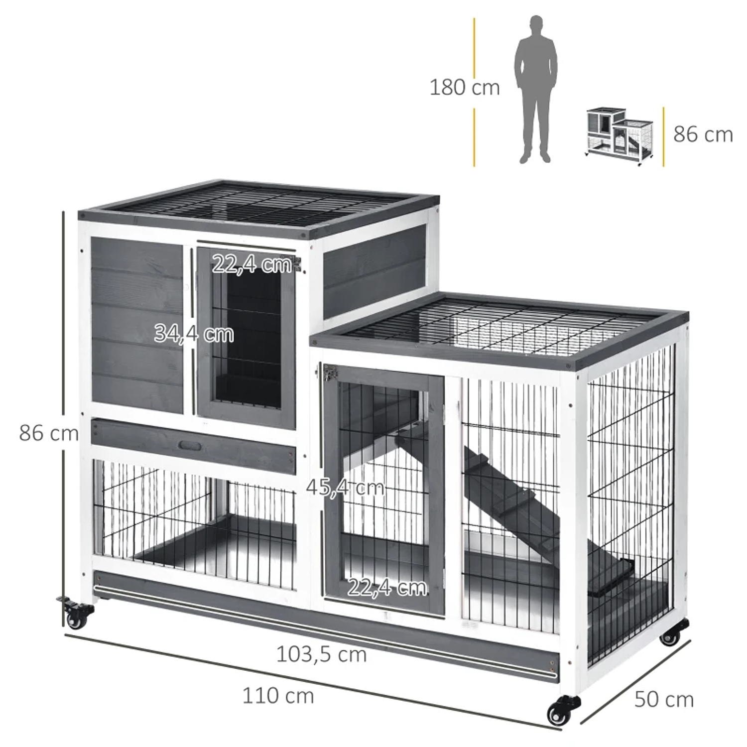 Indoor Wooden Rabbit Hutch with Wheels 2-Story Small Animal Rabbit Cage with Open Area Ramp and 2 Removable Trays 110x50x86cm Gray 2