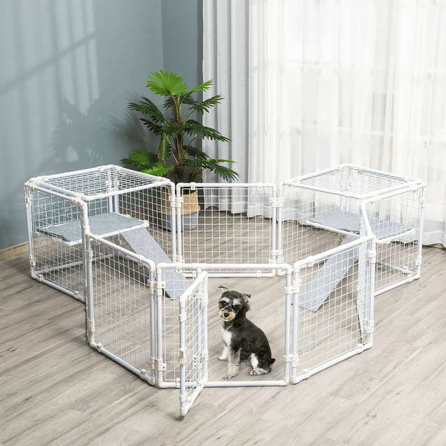 Cerca Metálica para Animais de Estimação Gaiola para Coelhos com 16 Painéis com Trava e Escada para Cobaias Desenho DIY 68x68,2x2,5cm Branco