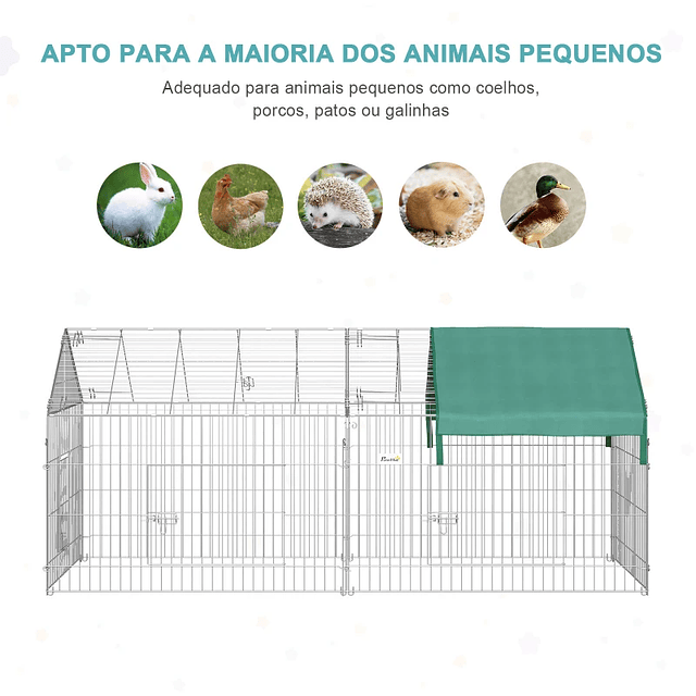 Jaula para Mascotas Jaula para Conejos y Gallinas con 2 Puertas y Protección Solar 220x103x103cm Plata y Verde