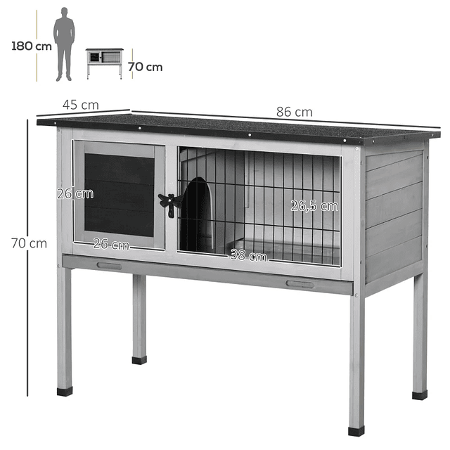 Caseta para Conejos de Madera Caseta para Conejos de Exterior con Bandeja Extraíble y Techo de Asfalto 86x45x70cm Gris y Negro