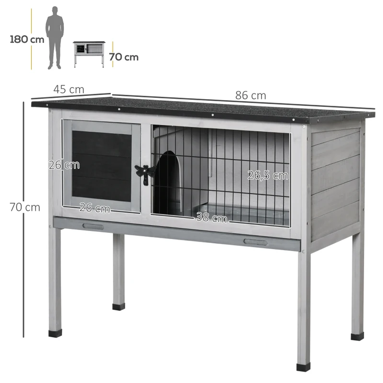 Casa para Coelhos de Madeira Coelheira para Exterior com Bandeja Removível e Telhado Asfáltico 86x45x70cm Cinza e Preto 2