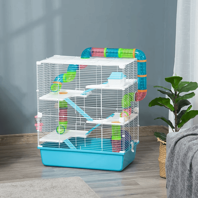 Large Hamster Cage 59x36x69cm Rodent Cage with 4 Platforms Tubes Feeder Drinking Fountain 4 Ramps Exercise Wheel and 2 Multicolor Portable Handles