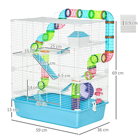 Gaiola para Hamster Grande 59x36x69cm Gaiola para Roedores com 4 Plataformas Tubos Comedouro Bebedouro 4 Rampas Roda de Exercícios e 2 Alças Portáteis Multicor