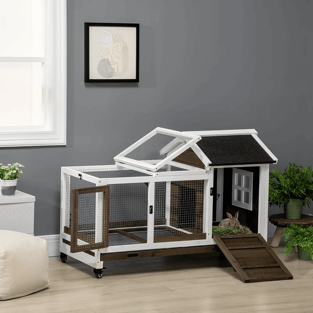 Wooden Hutch with Wheels for 1-2 Rabbits with Drop Roof Removable Tray 108x58x73,5cm Coffee Brown and White