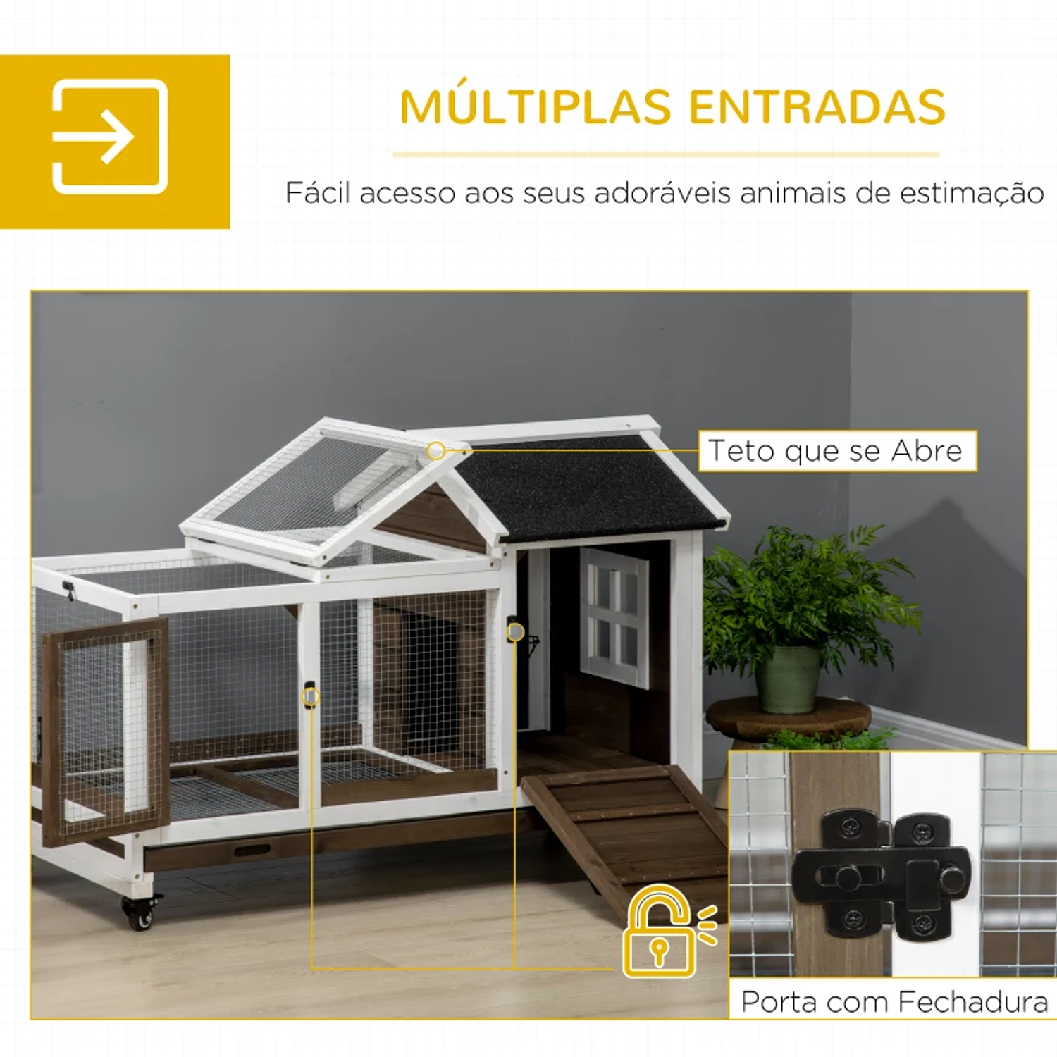 Wooden Hutch with Wheels for 1-2 Rabbits with Drop Roof Removable Tray 108x58x73,5cm Coffee Brown and White 6