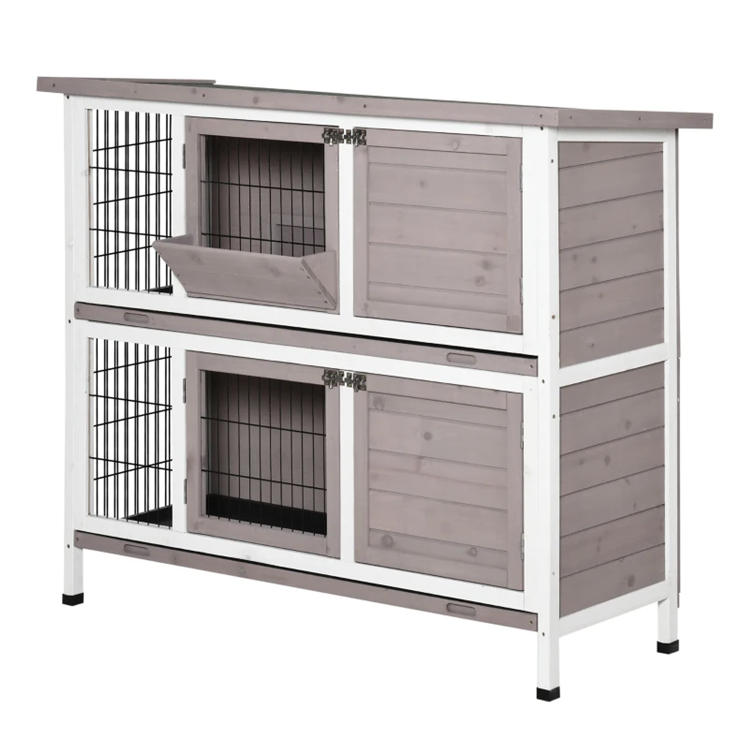 2 Level Outdoor Wooden Hutch Cage for 1-2 Rabbits with Opening Roof Feeder Removable Trays Ramp and Doors with Lock 122x50x101cm Color Sand 3