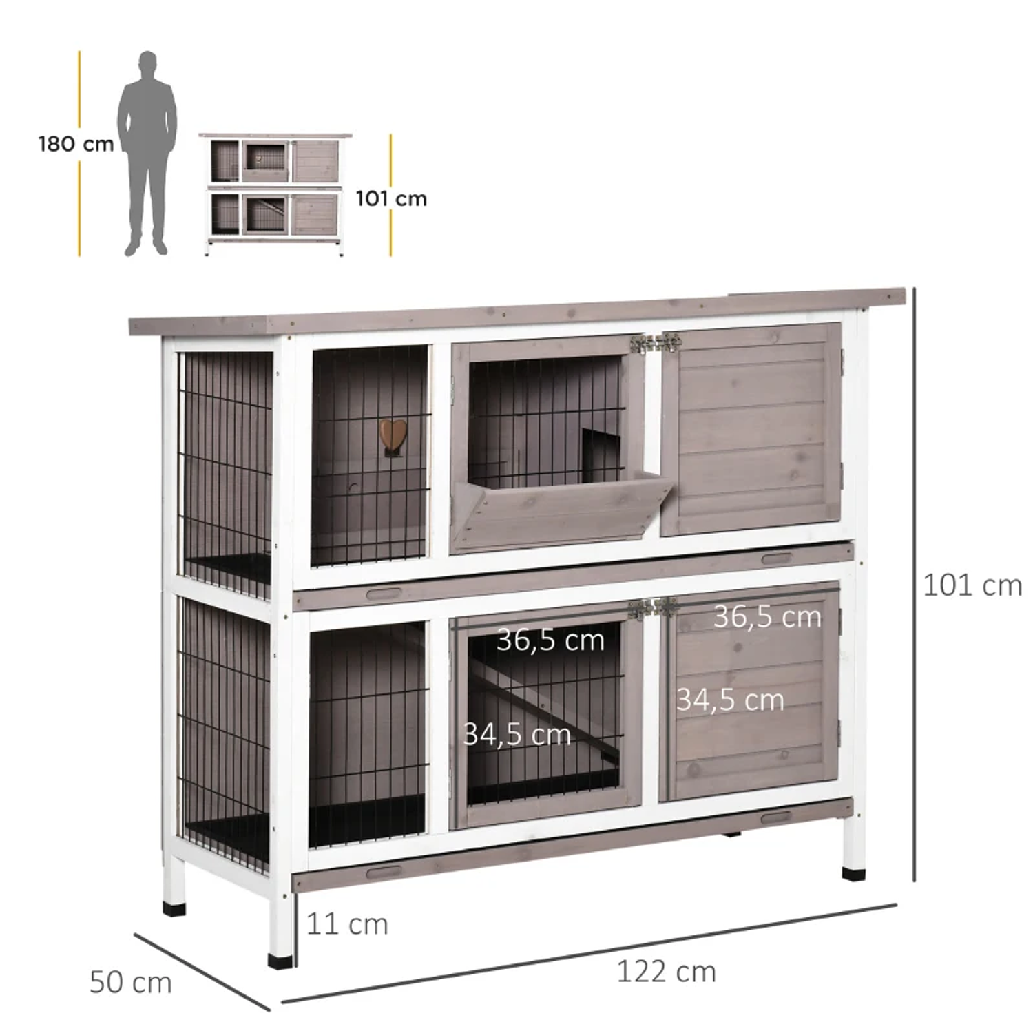 2 Level Outdoor Wooden Hutch Cage for 1-2 Rabbits with Opening Roof Feeder Removable Trays Ramp and Doors with Lock 122x50x101cm Color Sand 2