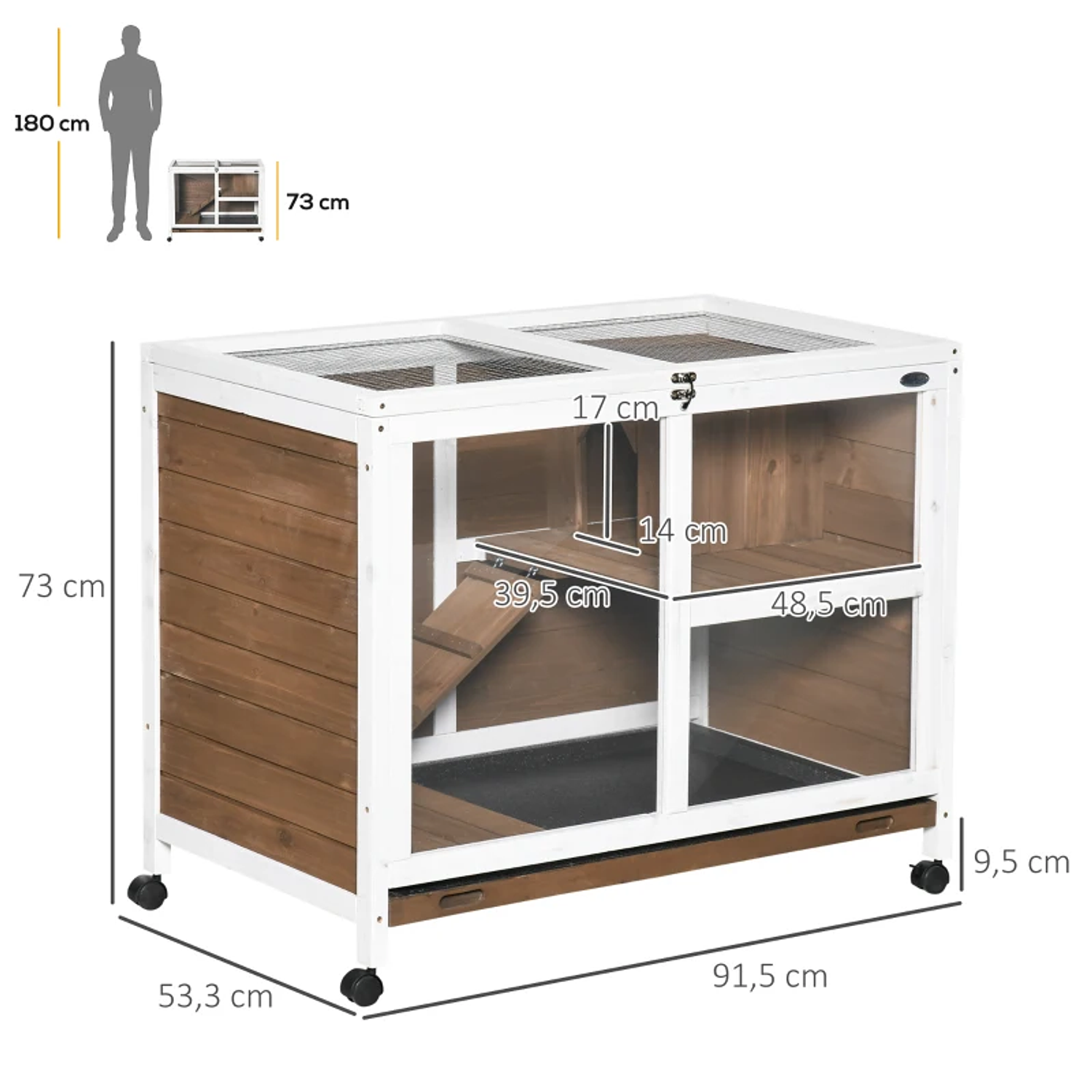 Wooden Rabbit Hutch with Wheels 91.5x53.5x73cm 2-Level Rabbit Cage with Removable Tray and Brown Ramp 2