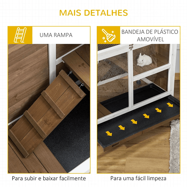 Wooden Rabbit Hutch with Wheels 91.5x53.5x73cm 2-Level Rabbit Cage with Removable Tray and Brown Ramp