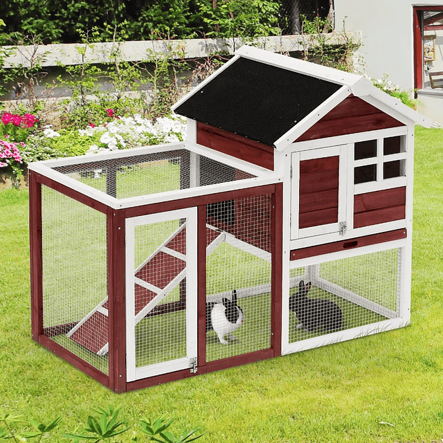 2 Level Outdoor Wooden Rabbit Hutch Small Animal Rabbit Cage with Open Area Asphalt Roof Removable Tray and Ramp 122x62.6x92cm Red