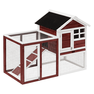 2 Level Outdoor Wooden Rabbit Hutch Small Animal Rabbit Cage with Open Area Asphalt Roof Removable Tray and Ramp 122x62.6x92cm Red