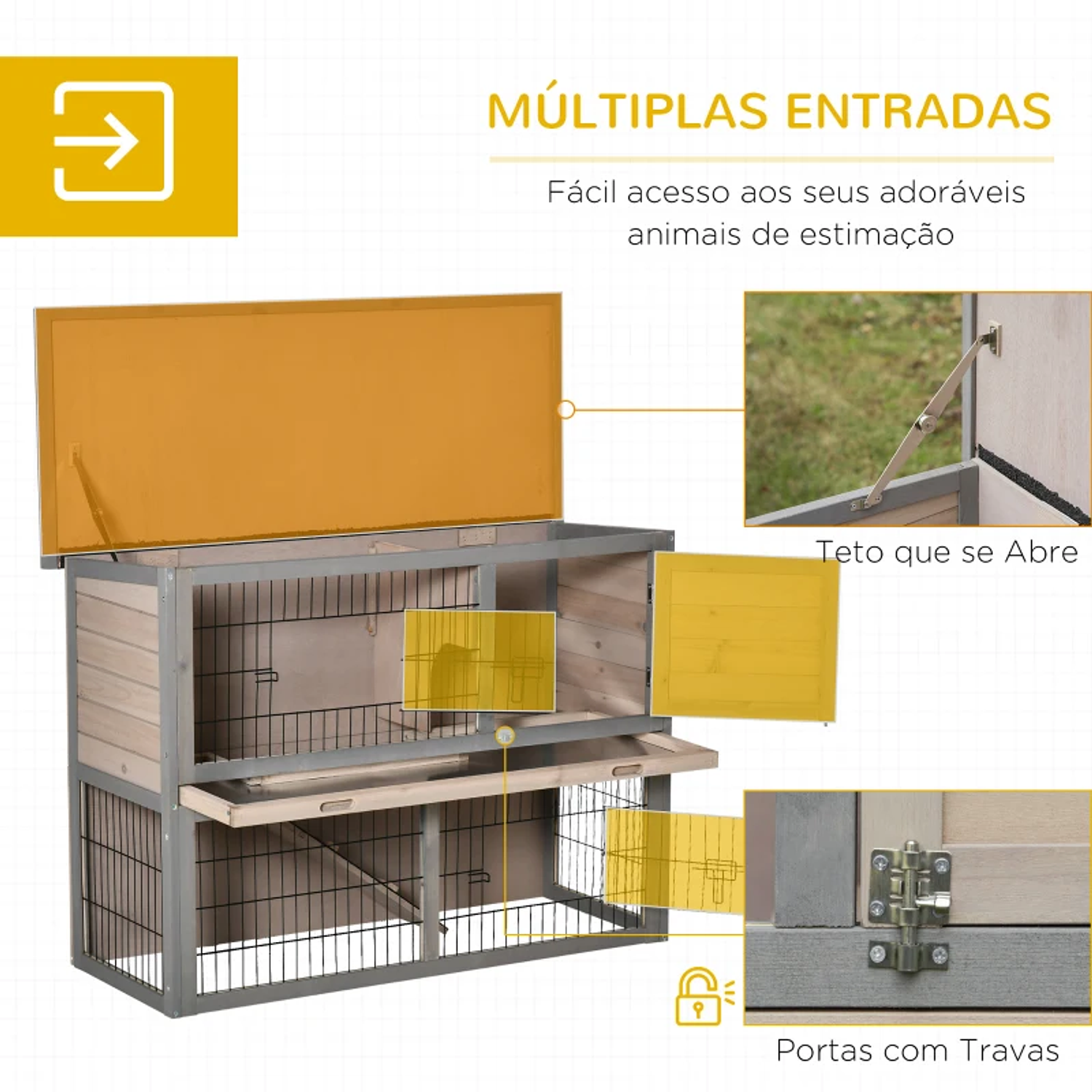 Outdoor Wooden Hutch Cage for 2 Rabbits with 2 Doors with Locks Asphaltic Ceiling Collapsible Removable Tray Ramp and Open Area 108x45x78cm Gray 5