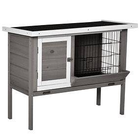 Coelheira de Madeira Exterior Gaiola Elevada para Coelhos Cobaias Animais Pequenos com Teto Asfáltico Comedouro Bandejas Removíveis e 2 Portas 91x46x71cm Cinza