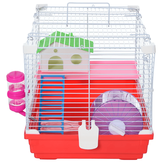 Jaula para Hamster con Comedero Bebedero Rampa Ropa de Ejercicio para Animales Pequeños 47x30x27cm Blanco y Rojo