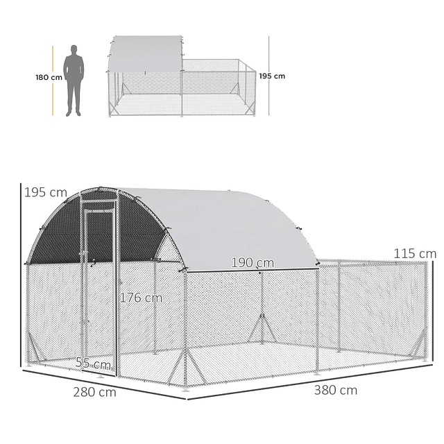 Gallinero Exterior Grande para 10-12 Gallinas en Acero Galvanizado con 2 Habitaciones 380x280x195cm Plata