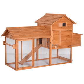 Outdoor Wooden Hen Cage for Small Animals Chickens with Drop Roof Nest Box Tray Ramp 2 Wheels and 2 Perches 213x91x122 cm Wood
