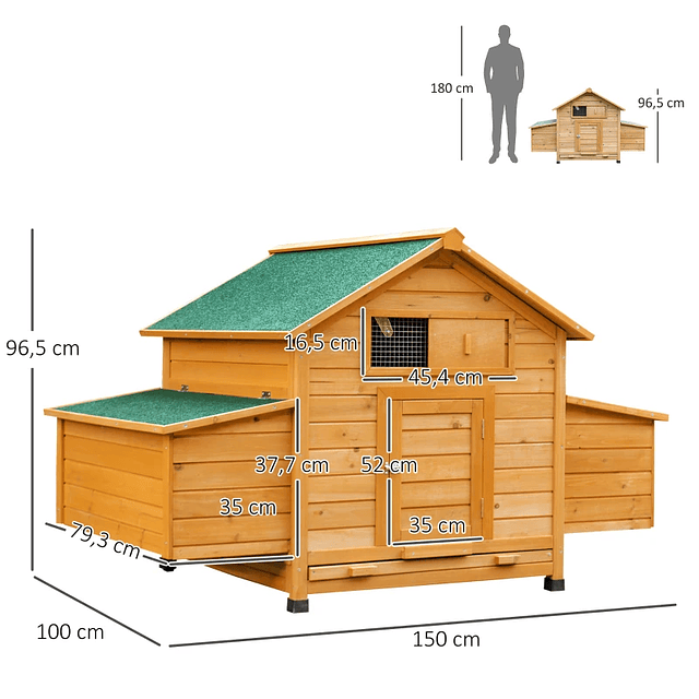 Gallinero grande de madera de abeto con bandeja extraíble para 2-4 gallinas Resistente a la intemperie con 2 nidos Con techo plegable 150x100x96,5cm
