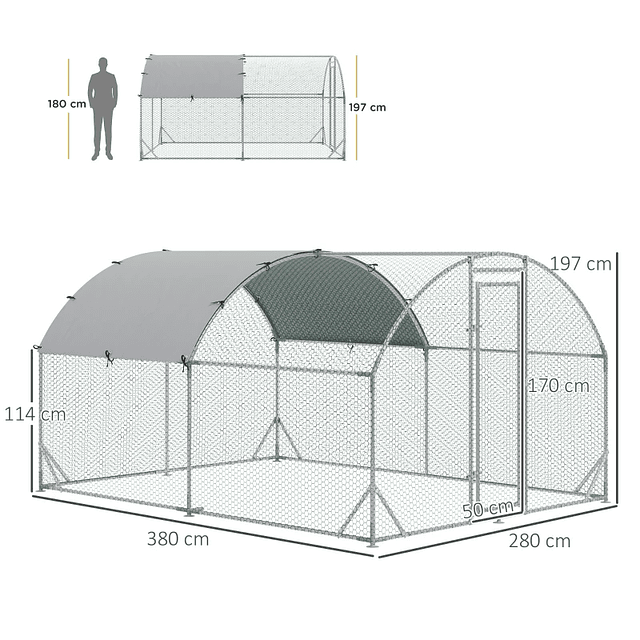 Gallinero de exterior para 6-12 gallinas de acero galvanizado con techo de tela Oxford 2,8x3,8x1,97m Plata