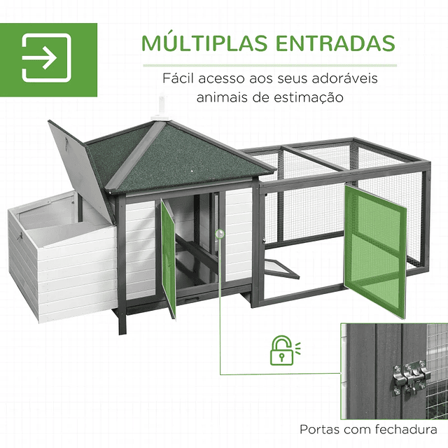 Gallinero exterior de madera de pino con bandeja extraíble y espacio de paso 196x76x97 cm Gris