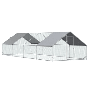 Jaula grande de acero galvanizado de 3x8x2m para gallinas al aire libre para 16-24 pollos con techo de PE y candado de conejo plateado