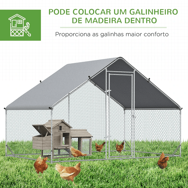 Galinheiro de Exterior Grande 3x2x2m Gaiola para 4-6 Galinhas de Aço Galvanizado com Teto de PE e Fechadura para Coelhos Prata