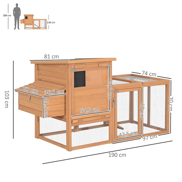 Outdoor Wooden Chicken Coop Large Hen Cage with Open Area Nest Removable Tray Asphalt Roof and Ramp 190x81x103cm Natural