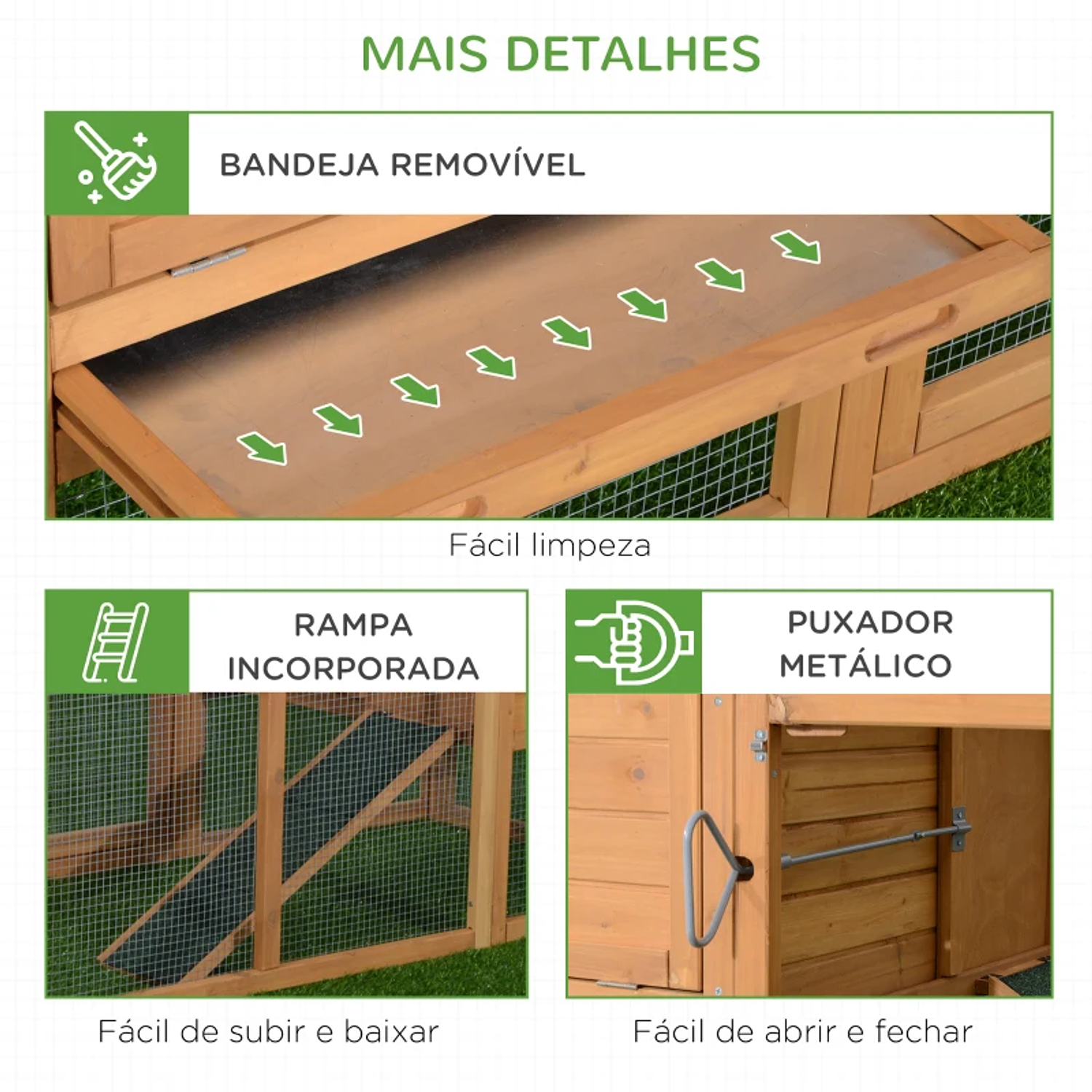 Galinheiro de Madeira para Exterior Gaiola para Galinhas Grande com Zona Aberta Ninho Bandeja Removível Teto Asfáltico e Rampa 190x81x103cm Natural 5